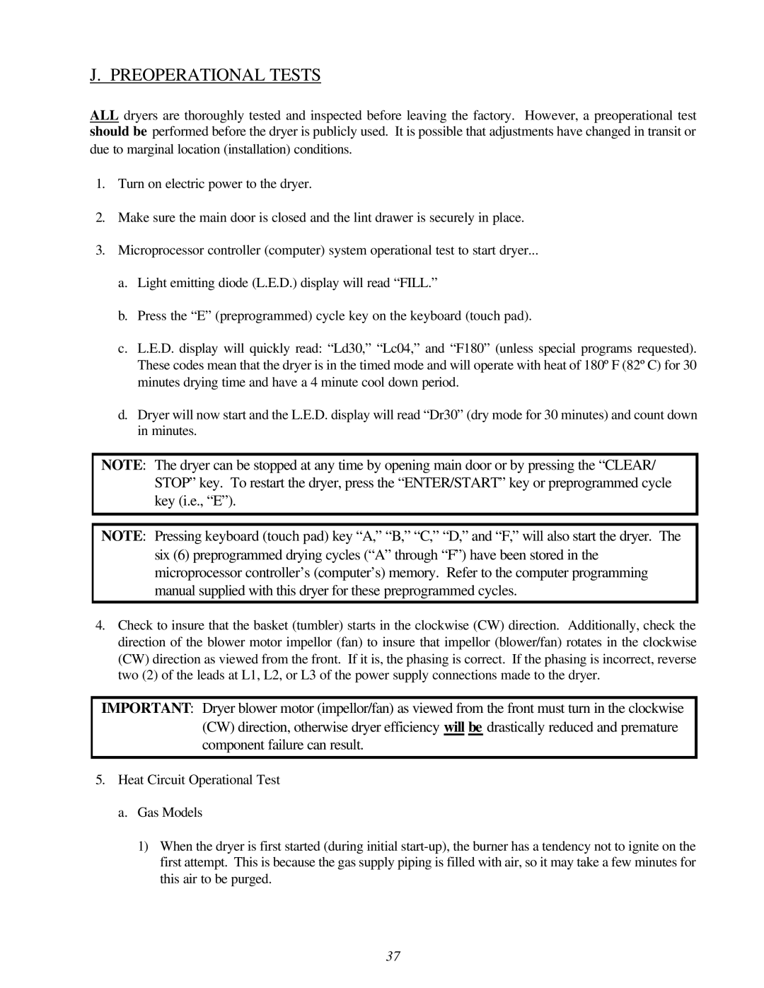 American Dryer Corp AD-120ES II installation manual Preoperational Tests 