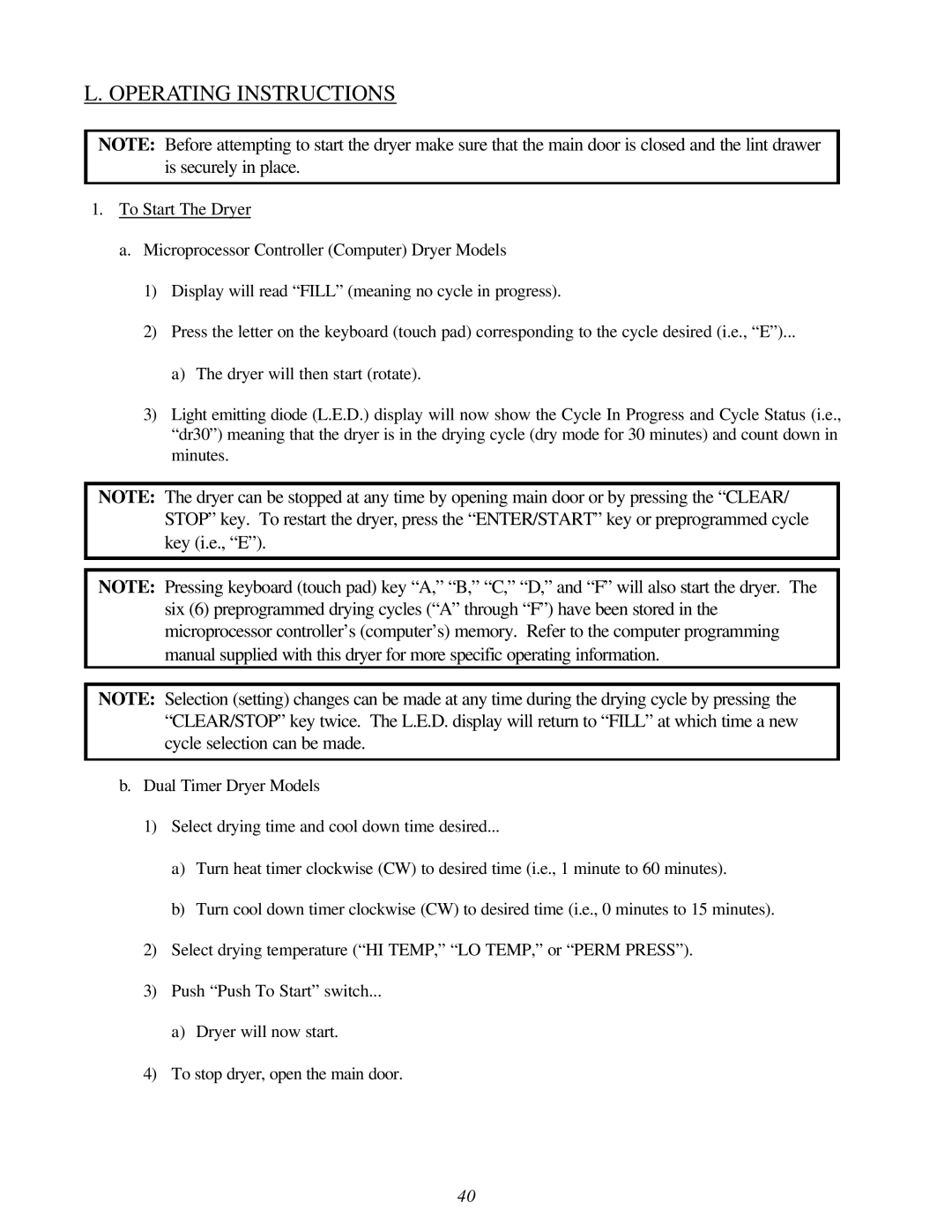 American Dryer Corp AD-120ES II installation manual Operating Instructions 