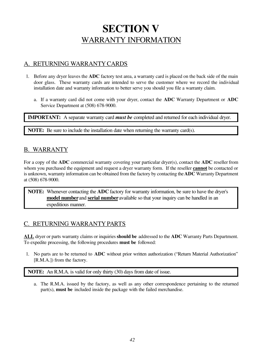 American Dryer Corp AD-120ES II Warranty Information, Returning Warranty Cards, Returning Warranty Parts 