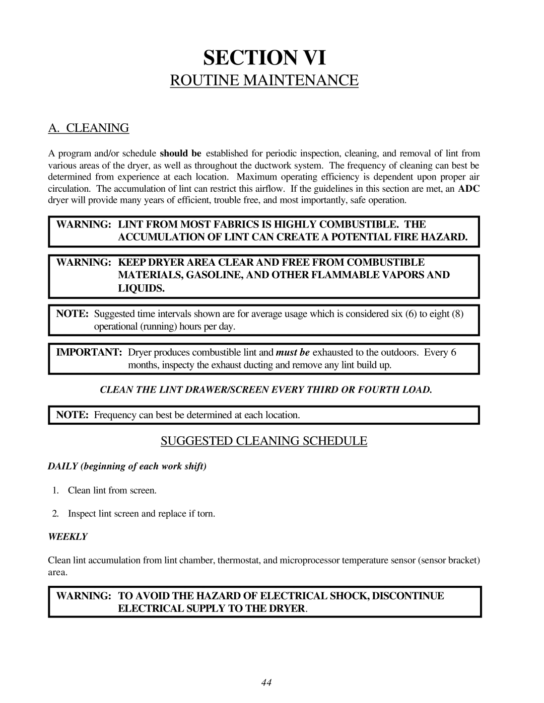 American Dryer Corp AD-120ES II installation manual Routine Maintenance, Suggested Cleaning Schedule 