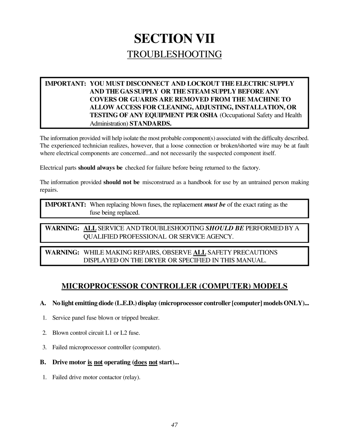 American Dryer Corp AD-120ES II installation manual Troubleshooting, Drive motor is not operating does not start 