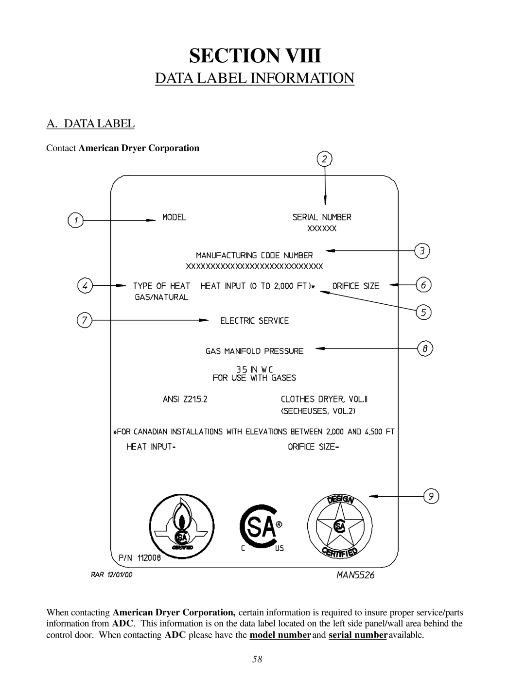 American Dryer Corp AD-120ES II installation manual Data Label Information 