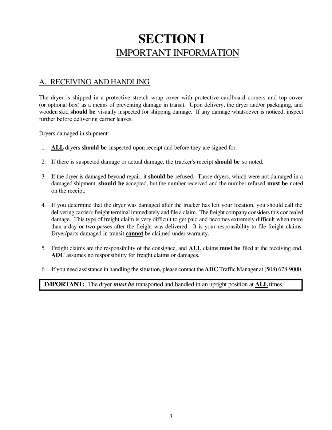 American Dryer Corp AD-120ES II installation manual Important Information, Receiving and Handling 