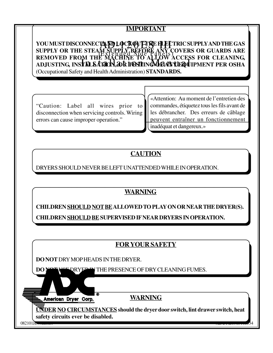 American Dryer Corp AD-120ES III installation manual For Your Safety 