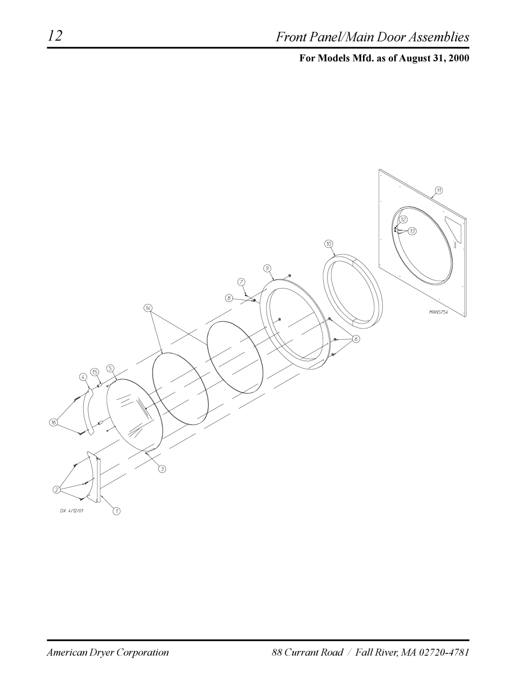 American Dryer Corp AD-120ES manual Front Panel/Main Door Assemblies, For Models Mfd. as of August 31 