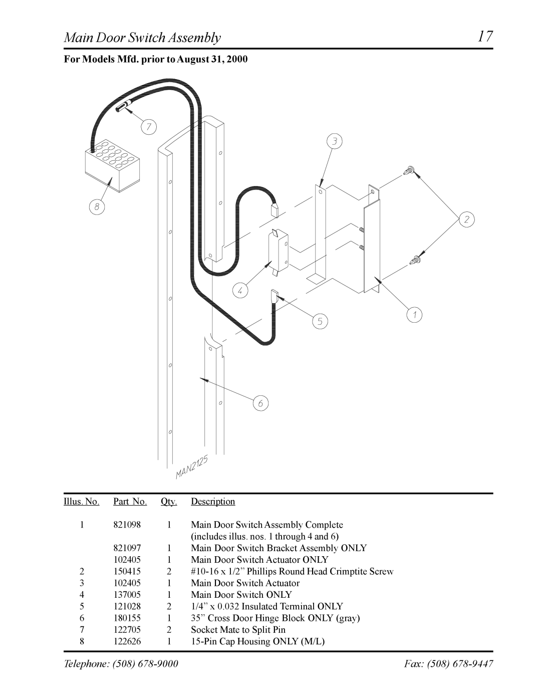 American Dryer Corp AD-120ES manual Main Door Switch Assembly 