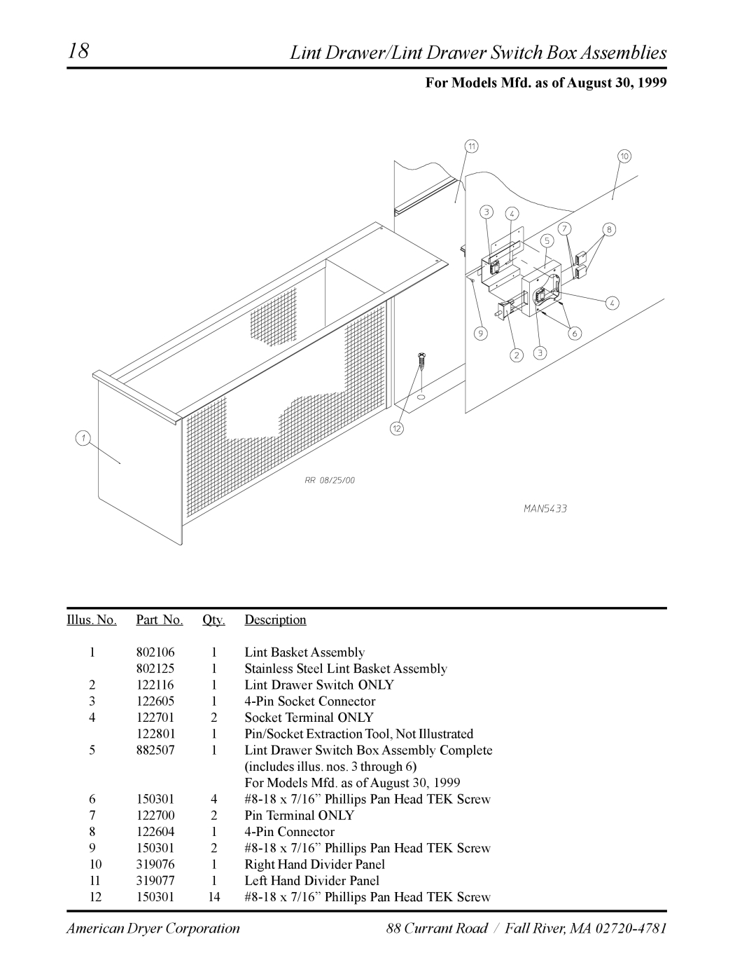 American Dryer Corp AD-120ES manual Lint Drawer/Lint Drawer Switch Box Assemblies, For Models Mfd. as of August 30 