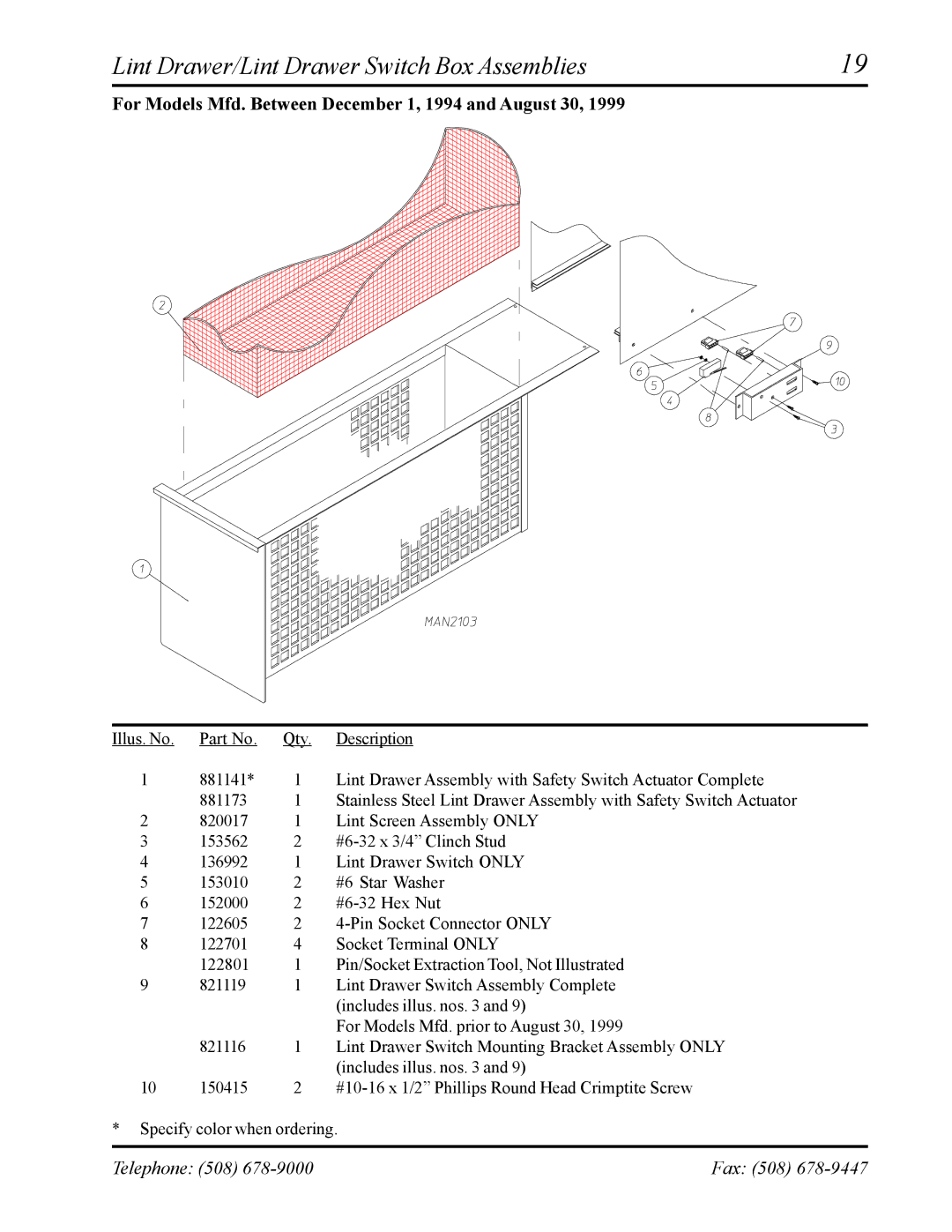 American Dryer Corp AD-120ES manual For Models Mfd. Between December 1, 1994 and August 30 