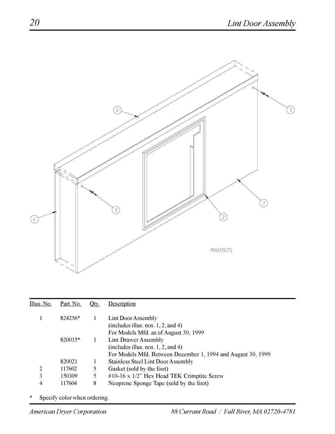 American Dryer Corp AD-120ES manual Lint Door Assembly 