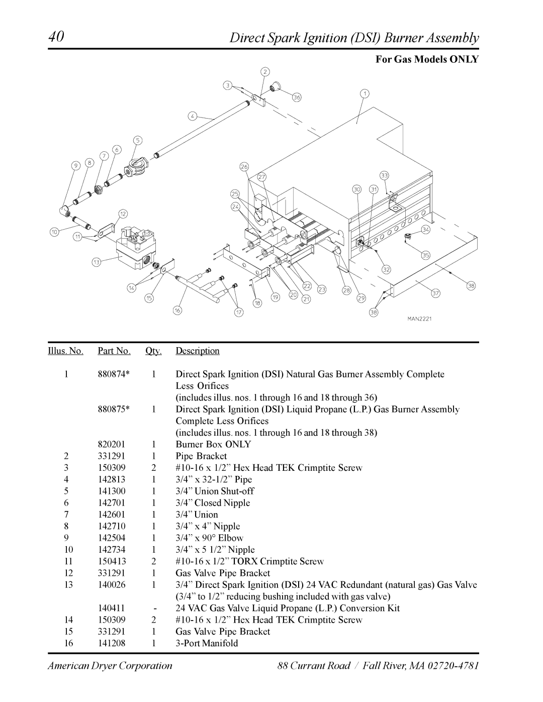 American Dryer Corp AD-120ES manual Direct Spark Ignition DSI Burner Assembly, For Gas Models only 