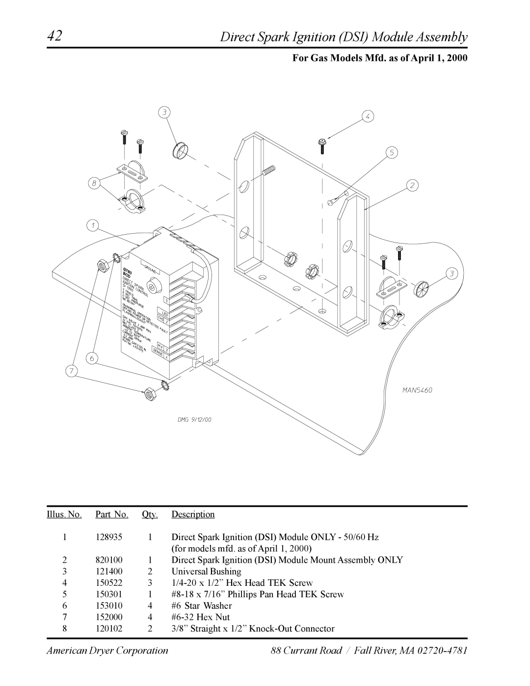 American Dryer Corp AD-120ES manual Direct Spark Ignition DSI Module Assembly, For Gas Models Mfd. as of April 1 