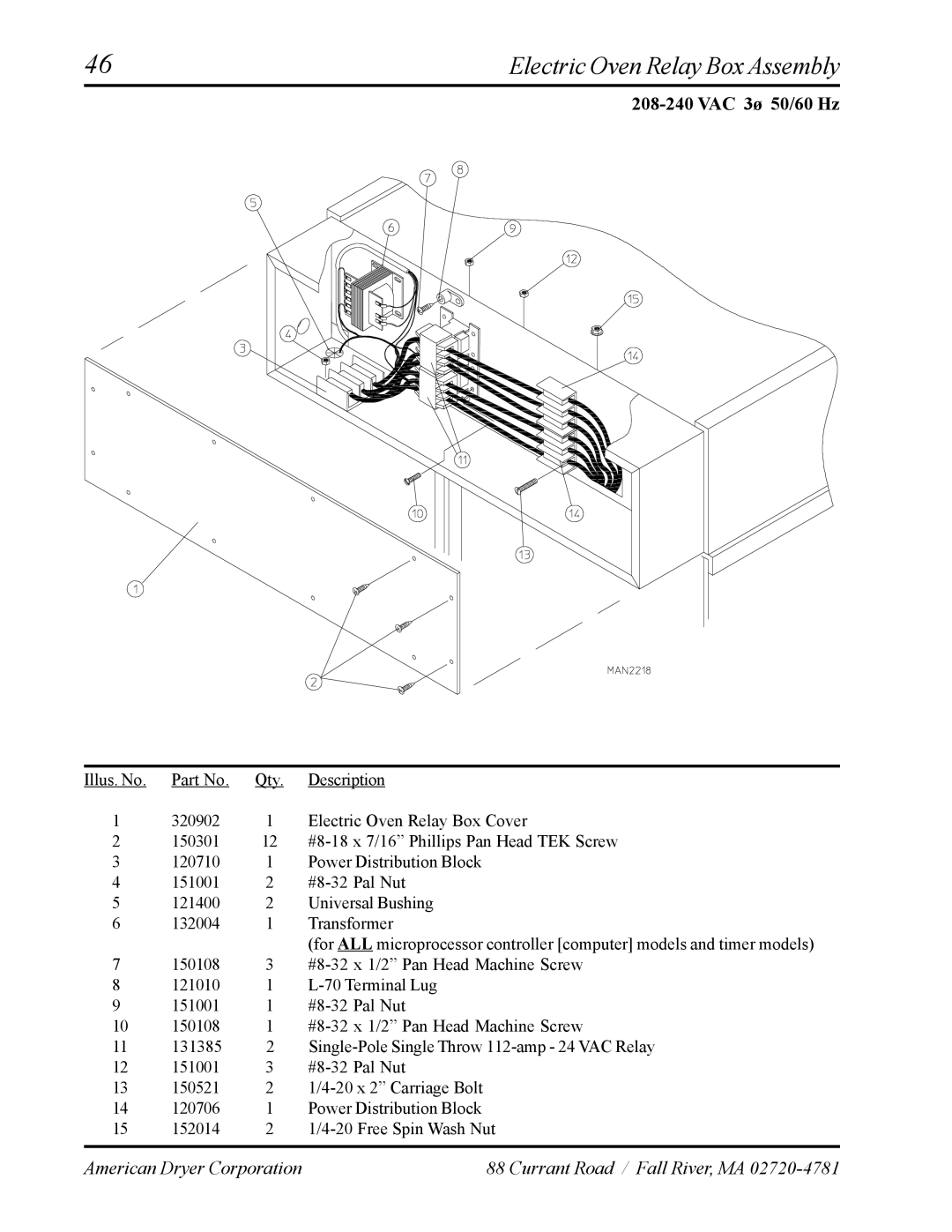 American Dryer Corp AD-120ES manual Electric Oven Relay Box Assembly, VAC 3ø 50/60 Hz 