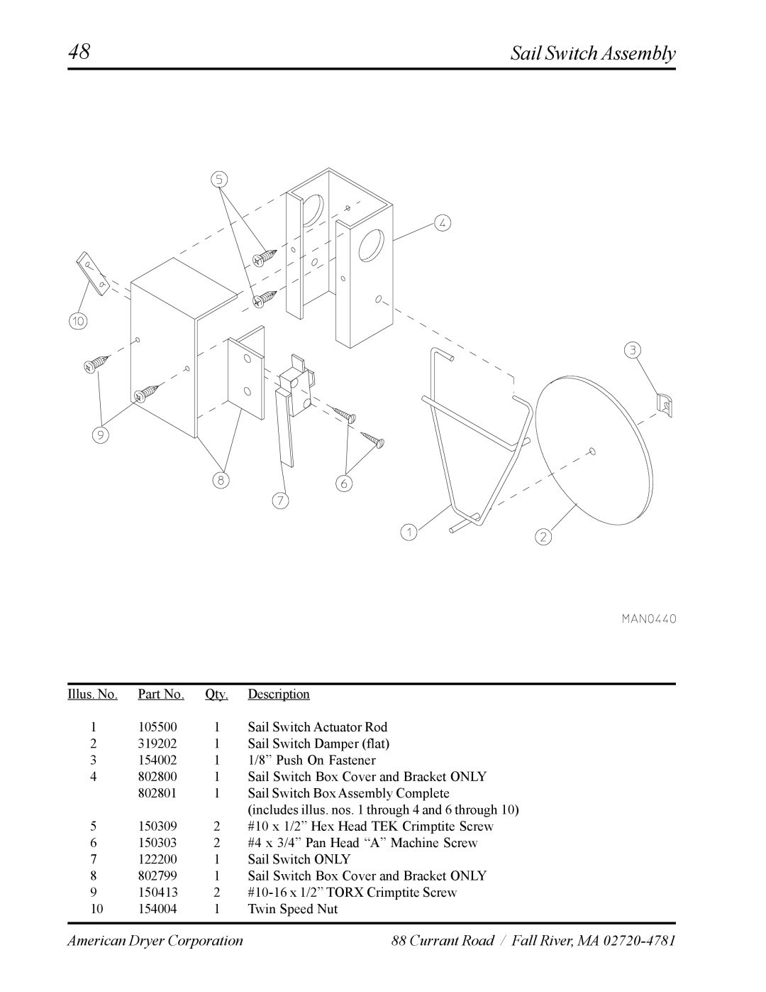 American Dryer Corp AD-120ES manual Sail Switch Assembly 