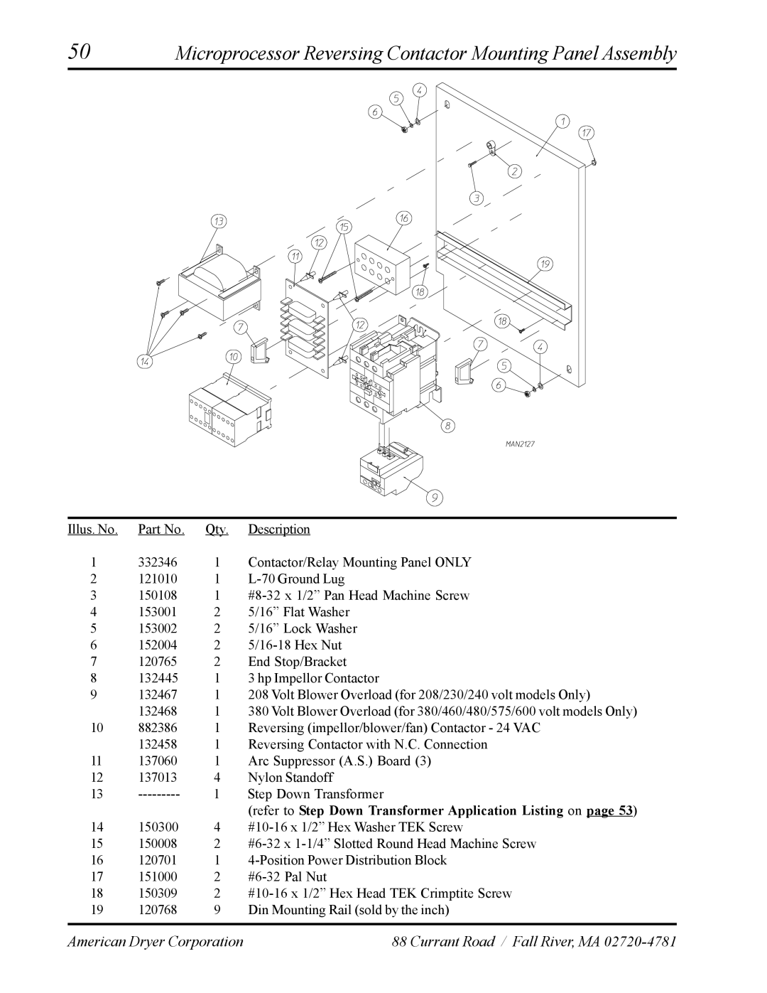 American Dryer Corp AD-120ES manual Microprocessor Reversing Contactor Mounting Panel Assembly 