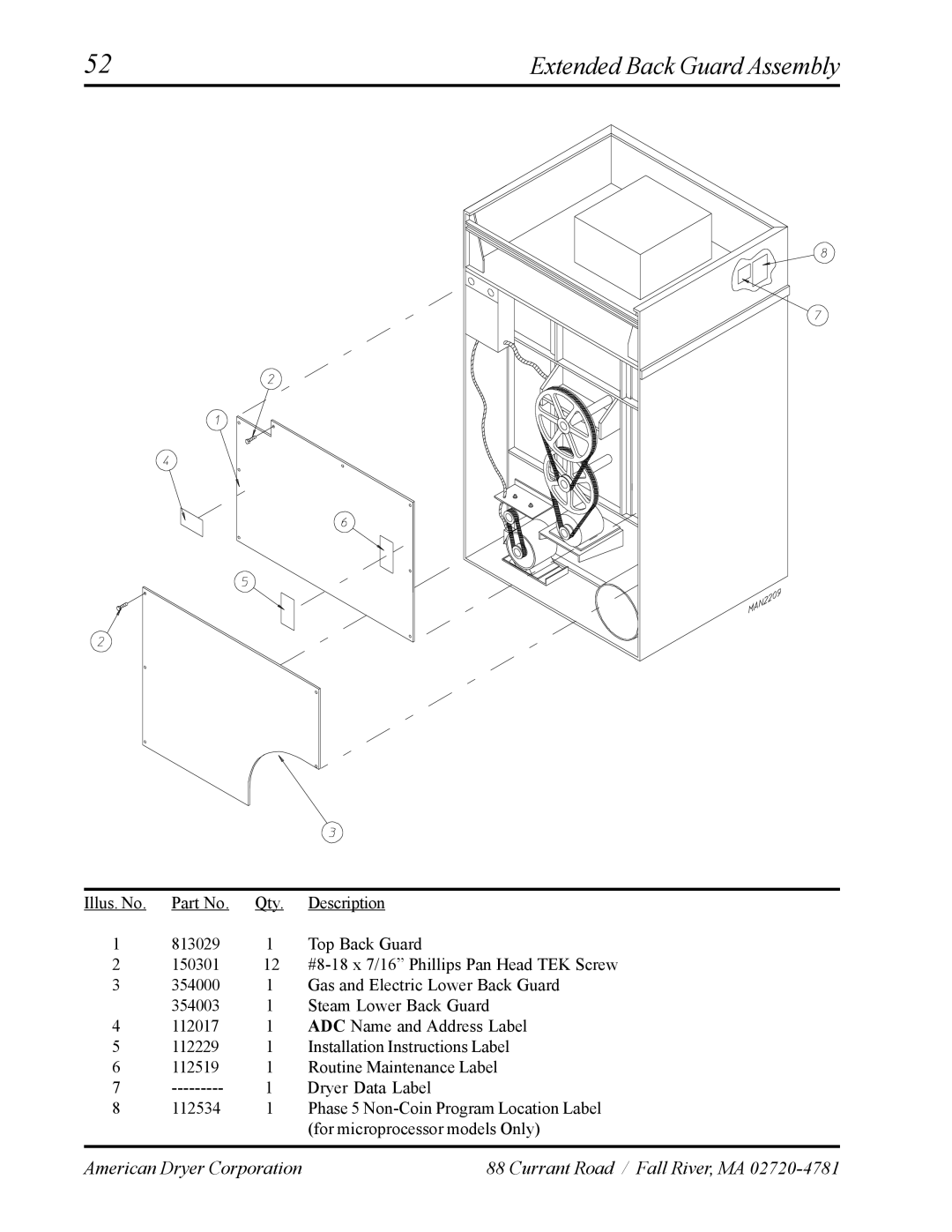 American Dryer Corp AD-120ES manual Extended Back Guard Assembly 