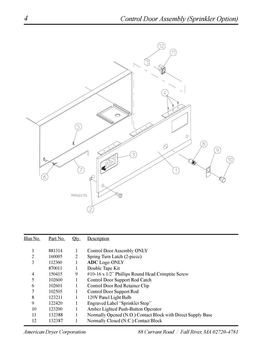 American Dryer Corp AD-120ES manual Control Door Assembly Sprinkler Option 