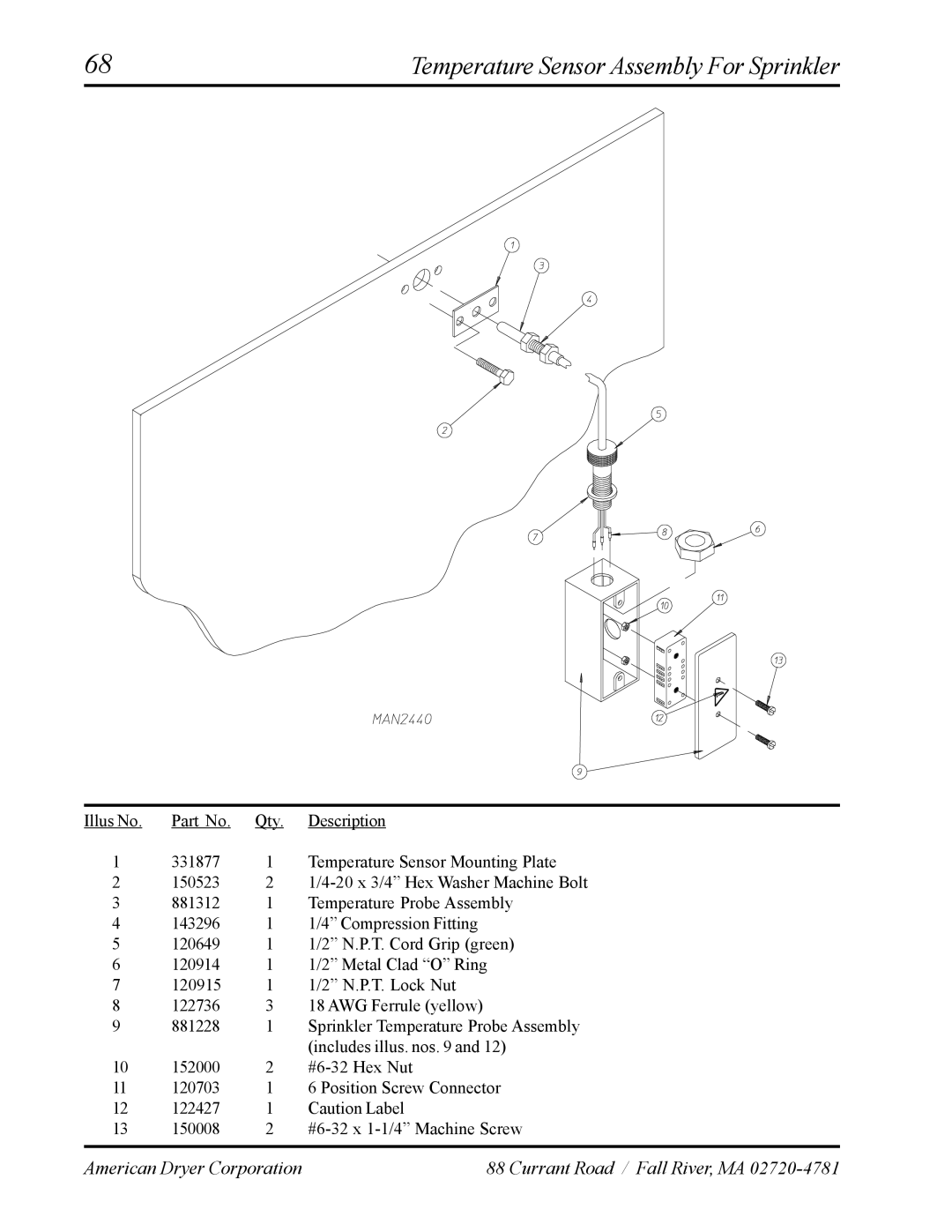 American Dryer Corp AD-120ES manual Temperature Sensor Assembly For Sprinkler 