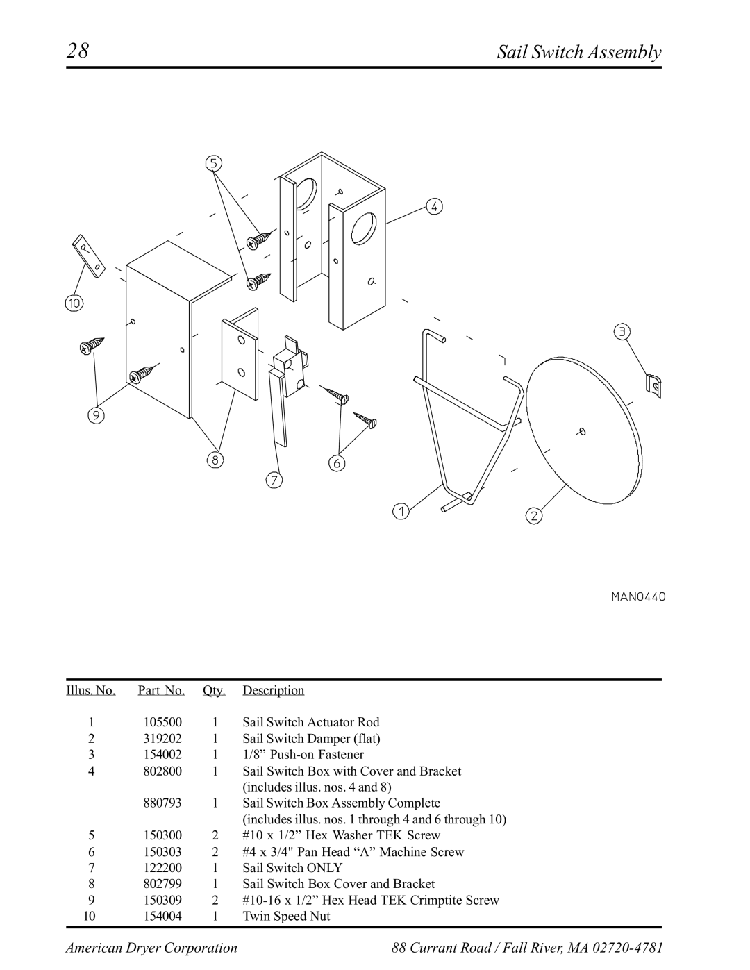 American Dryer Corp AD-145 manual Sail Switch Assembly 