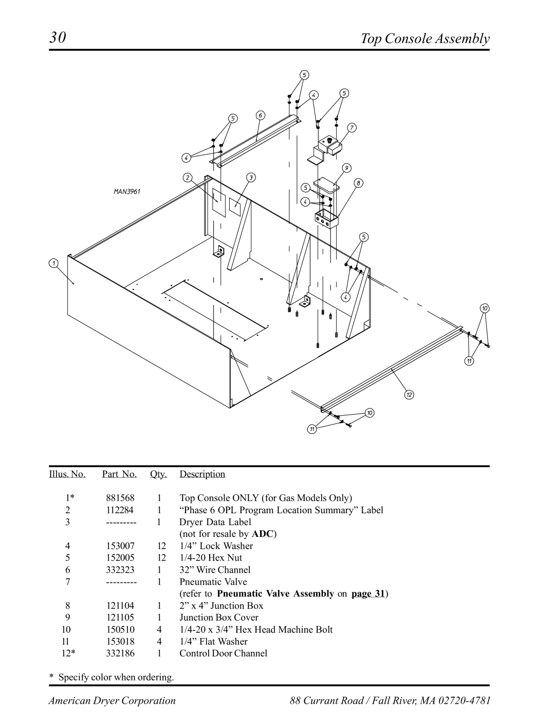 American Dryer Corp AD-145 manual Top Console Assembly 