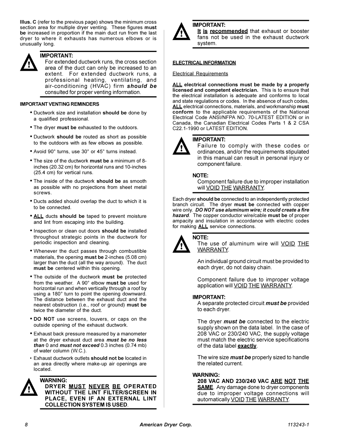 American Dryer Corp AD-15 Phase 7 installation manual Important Venting Reminders, Electrical Information 