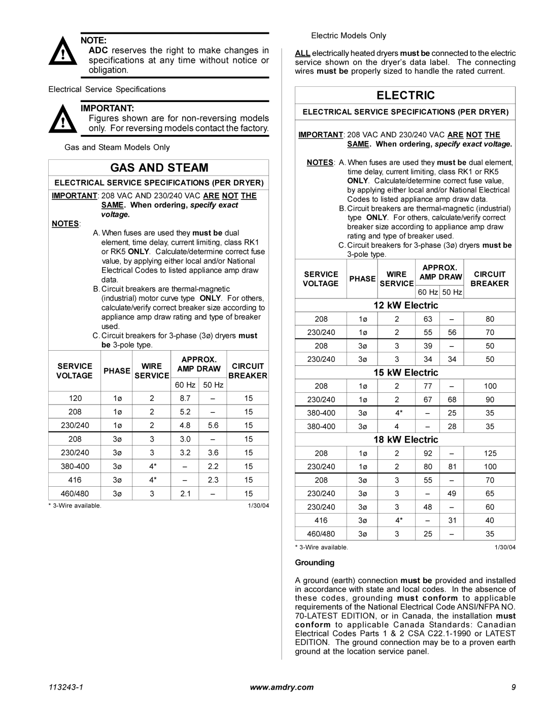 American Dryer Corp AD-15 Phase 7 installation manual Gas and Steam Models Only, Grounding 