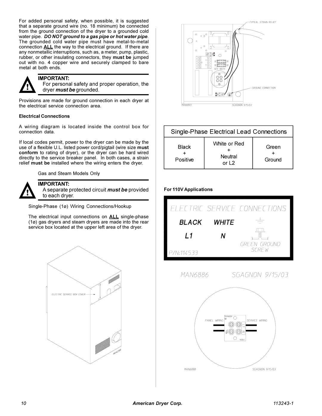 American Dryer Corp AD-15 Phase 7 installation manual Electrical Connections, KLWHRU5HG, For 110V Applications 