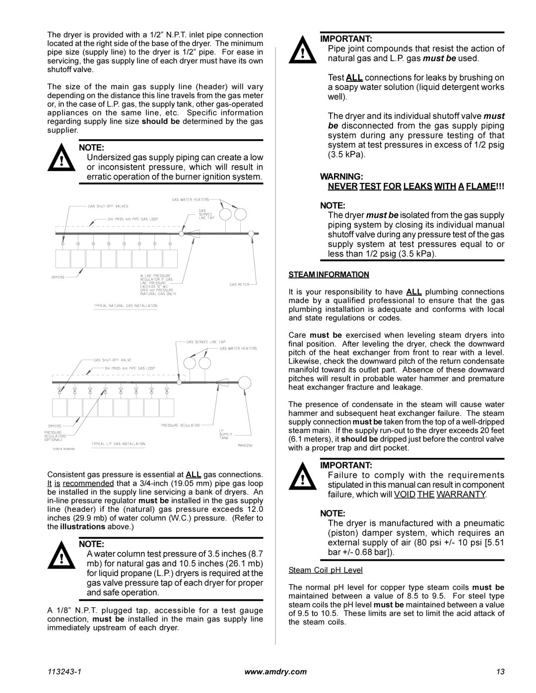 American Dryer Corp AD-15 Phase 7 installation manual Never Test for Leaks with a Flame, Steam Information 