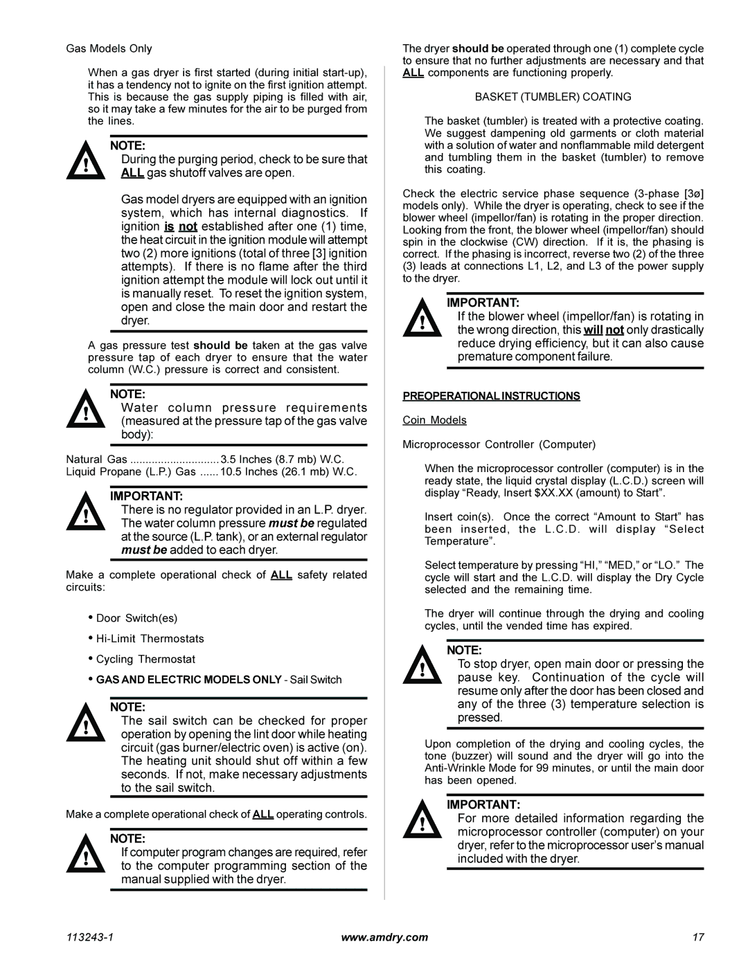 American Dryer Corp AD-15 Phase 7 installation manual GAS and Electric Models only Sail Switch, Basket Tumbler Coating 