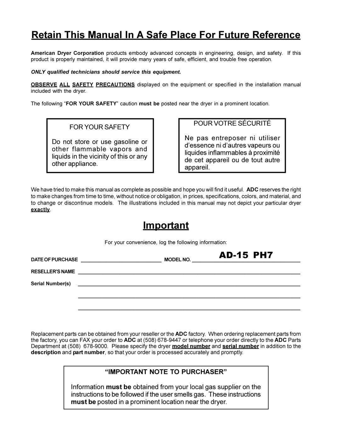 American Dryer Corp AD-15 Phase 7 installation manual Retain This Manual In a Safe Place For Future Reference 