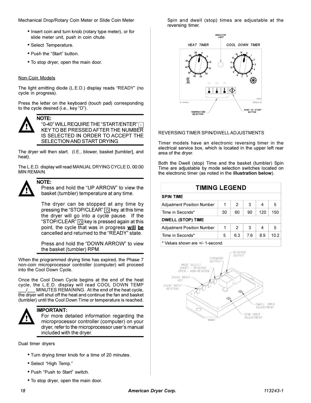 American Dryer Corp AD-15 Phase 7 installation manual MIN Remain, Reversing Timer SPIN/DWELL Adjustments 