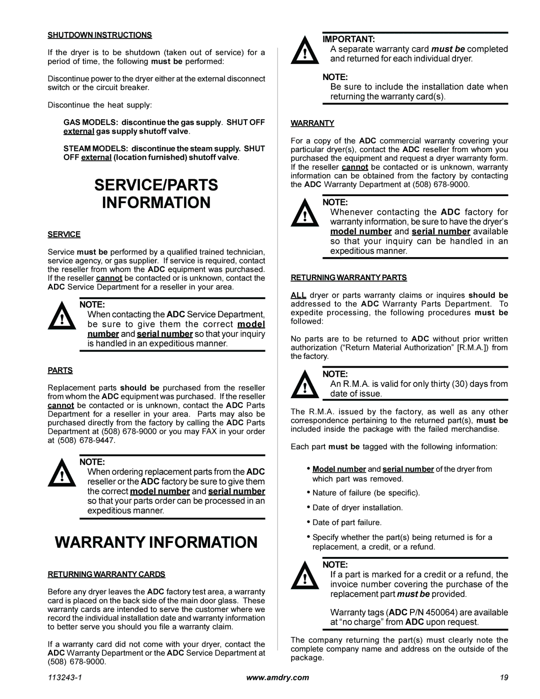 American Dryer Corp AD-15 Phase 7 installation manual SERVICE/PARTS Information, Warranty Information 