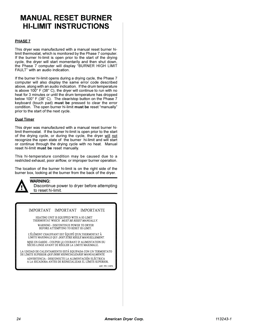 American Dryer Corp AD-15 Phase 7 installation manual Manual Reset Burner HI-LIMIT Instructions, Dual Timer 