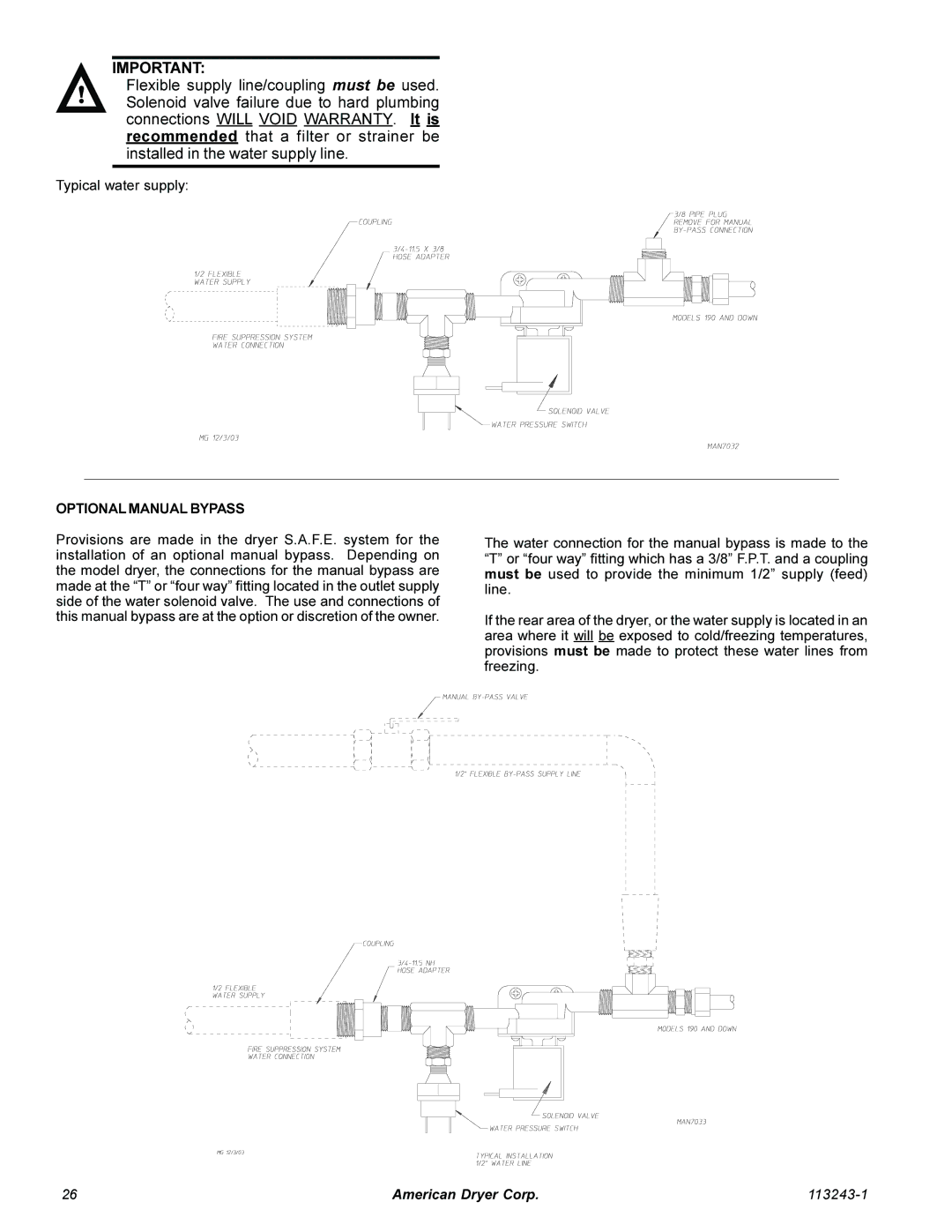 American Dryer Corp AD-15 Phase 7 installation manual Optional Manual Bypass 