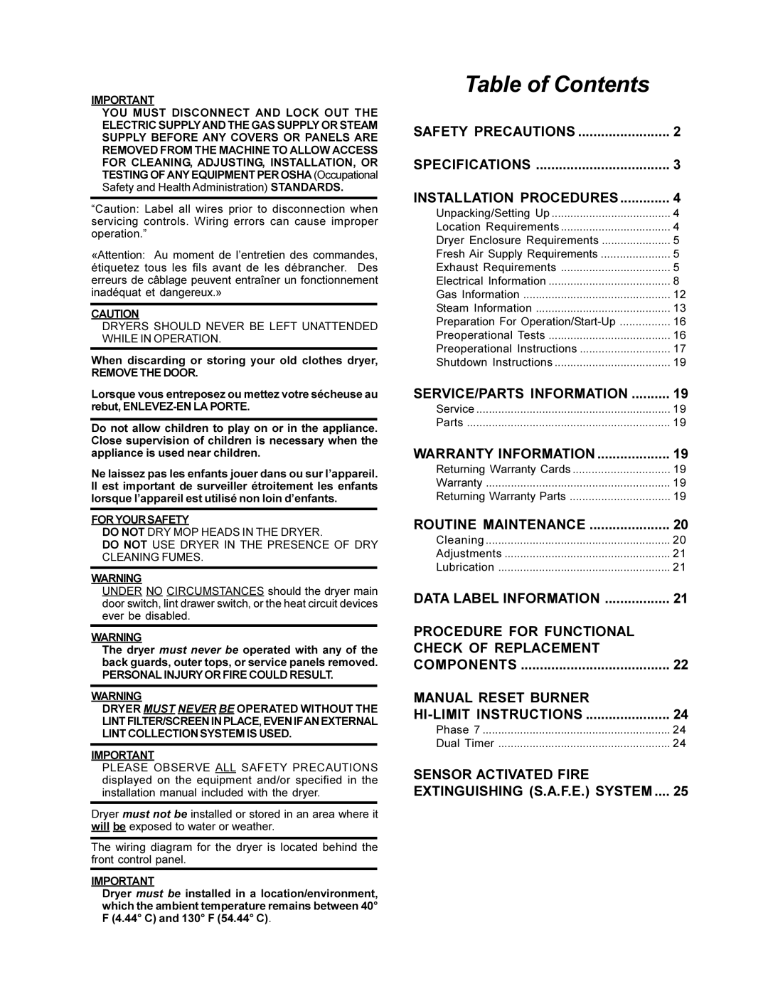 American Dryer Corp AD-15 Phase 7 installation manual Table of Contents 