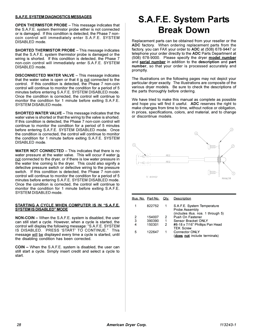 American Dryer Corp AD-15 Phase 7 installation manual F.E. System Parts Break Down, F.E. System Diagnostics Messages 