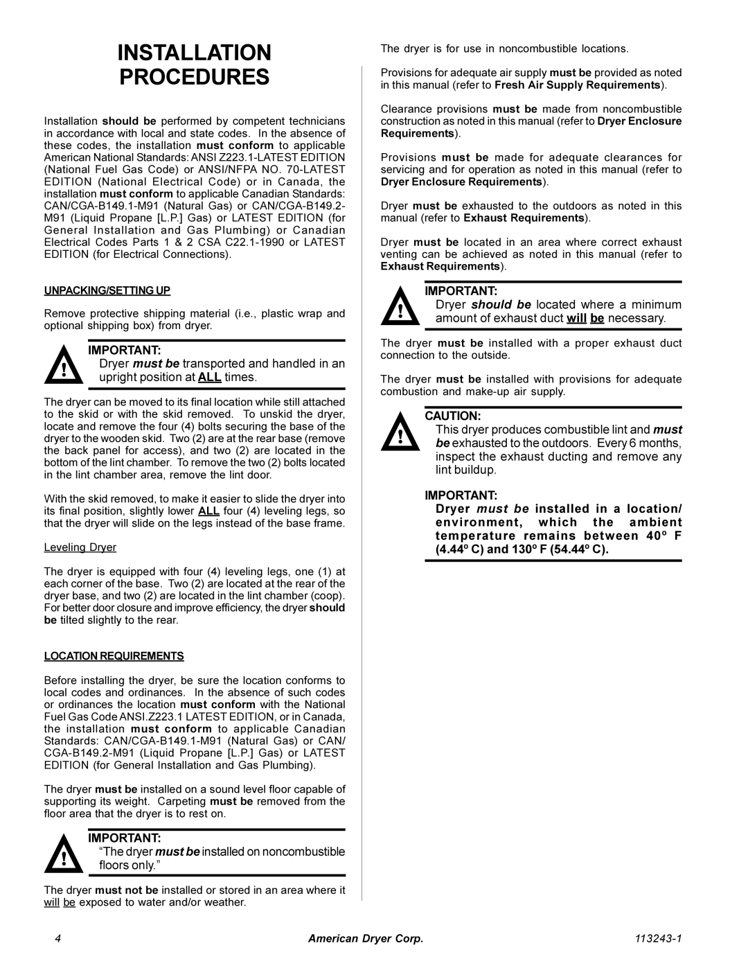 American Dryer Corp AD-15 Phase 7 installation manual Installation Procedures, Unpacking/Setting Up, Location Requirements 