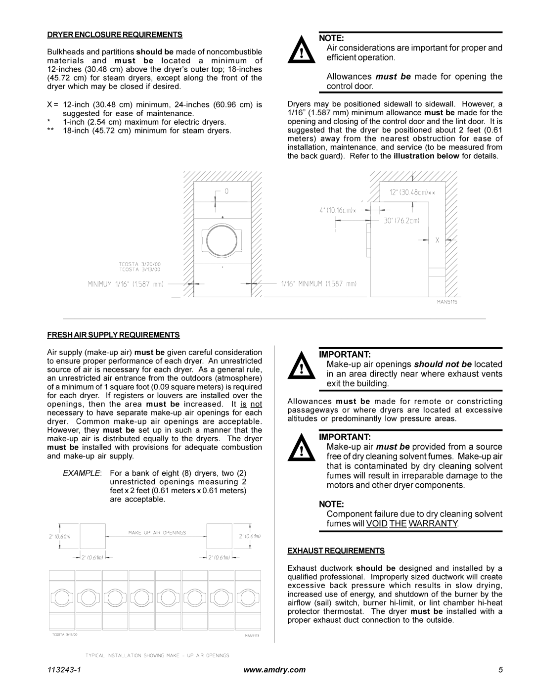 American Dryer Corp AD-15 Phase 7 Dryer Enclosure Requirements, Fresh AIR Supply Requirements, Exhaust Requirements 