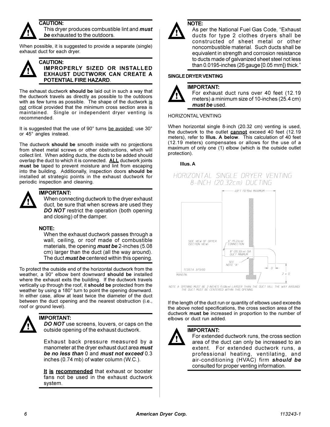 American Dryer Corp AD-15 Phase 7 installation manual Single Dryer Venting, Horizontal Venting, Illus. a 