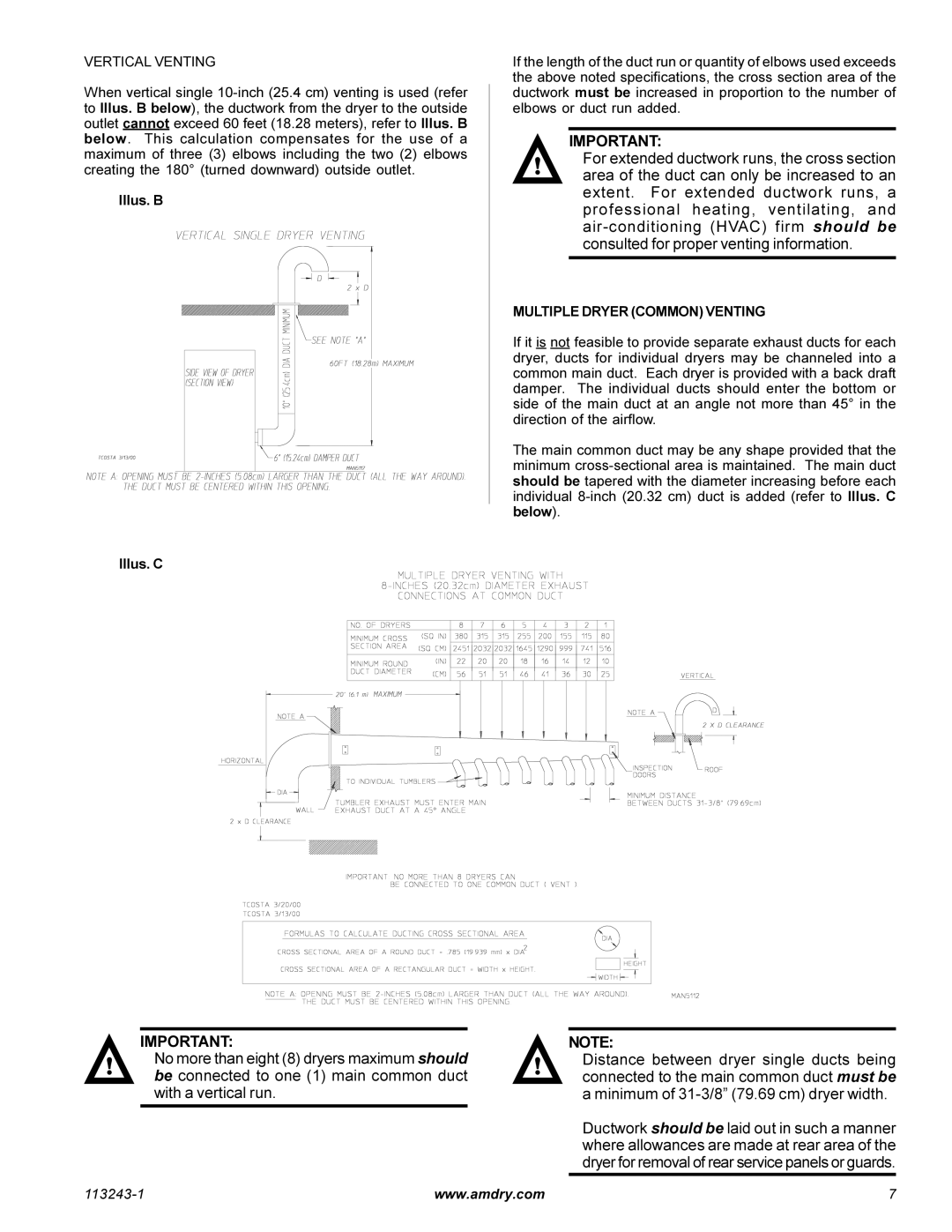 American Dryer Corp AD-15 Phase 7 installation manual Vertical Venting, Illus. B Illus. C, Multiple Dryer Common Venting 