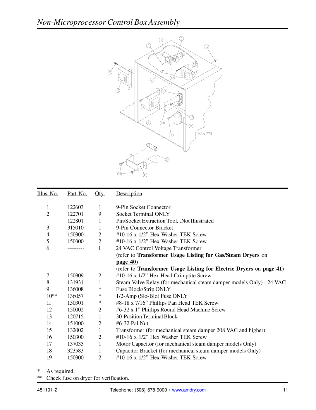 American Dryer Corp AD-15 manual Non-Microprocessor Control Box Assembly 