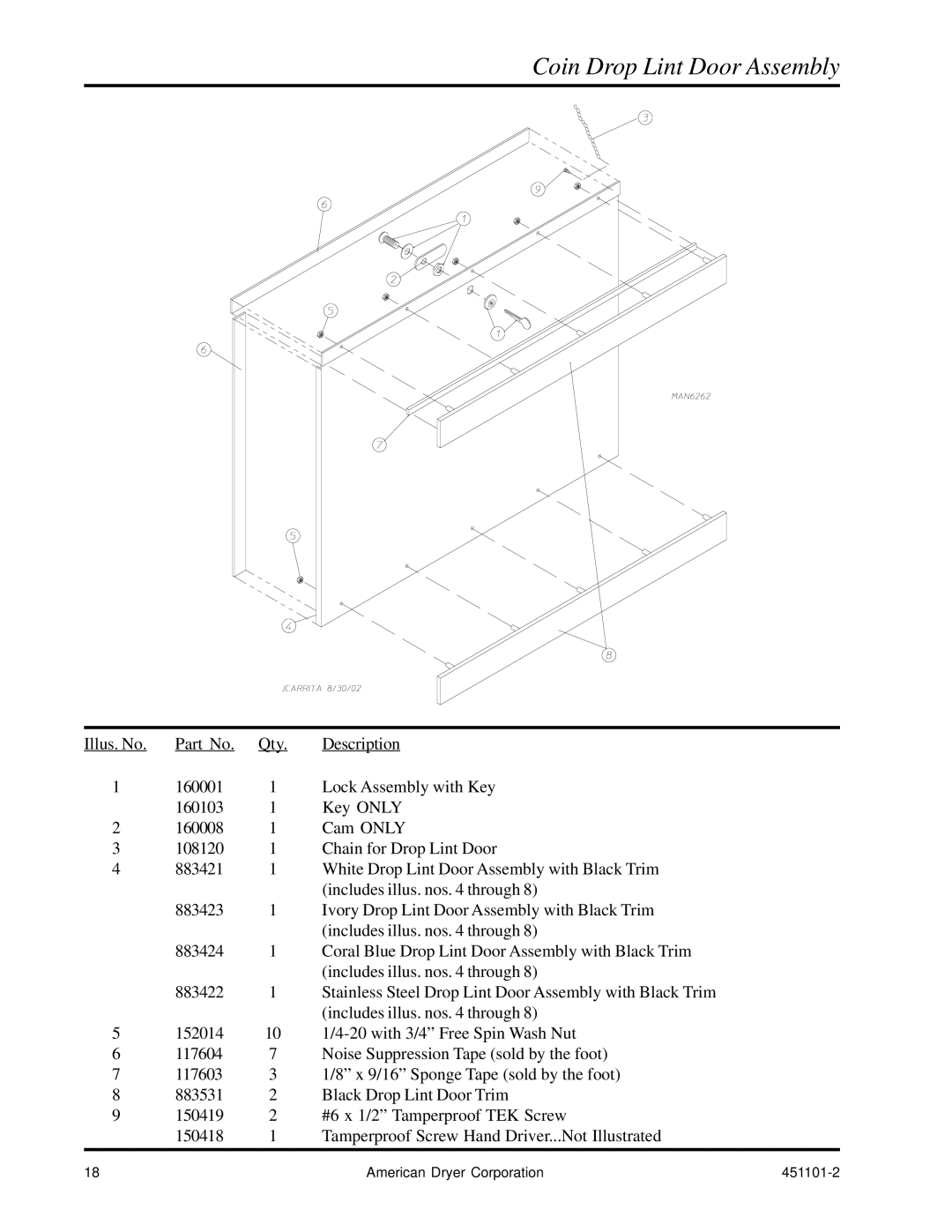 American Dryer Corp AD-15 manual Coin Drop Lint Door Assembly 