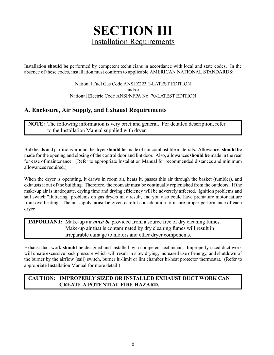 American Dryer Corp AD-170 service manual Installation Requirements, Enclosure, Air Supply, and Exhaust Requirements 