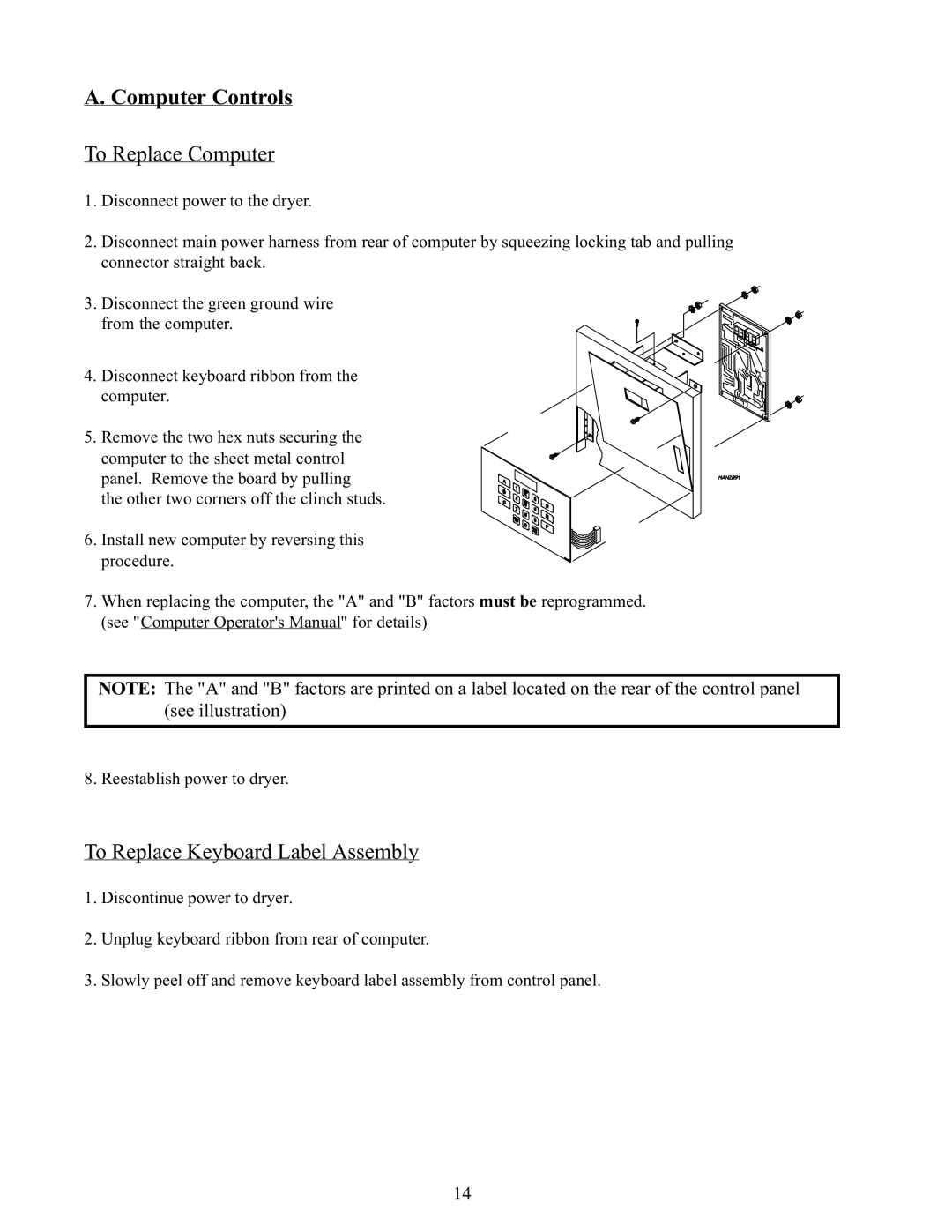 American Dryer Corp AD-170 service manual Computer Controls To Replace Computer, To Replace Keyboard Label Assembly 