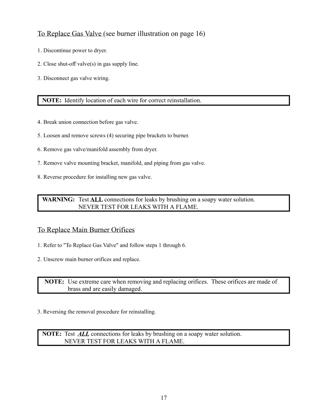 American Dryer Corp AD-170 service manual To Replace Gas Valve see burner illustration on, To Replace Main Burner Orifices 