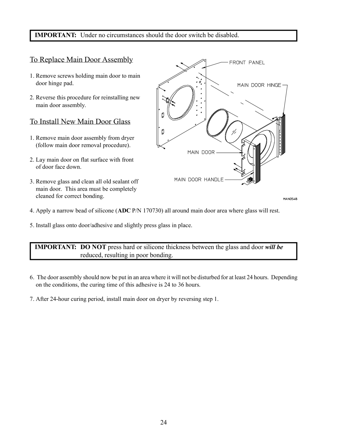 American Dryer Corp AD-170 service manual To Replace Main Door Assembly, To Install New Main Door Glass 