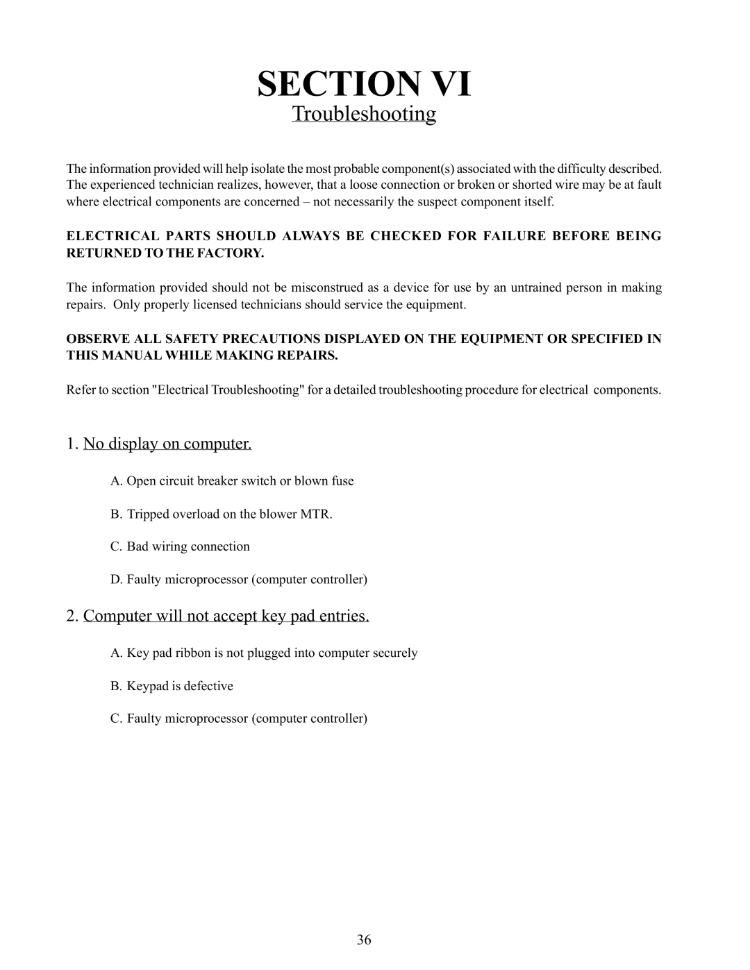 American Dryer Corp AD-170 service manual Troubleshooting, No display on computer, Computer will not accept key pad entries 