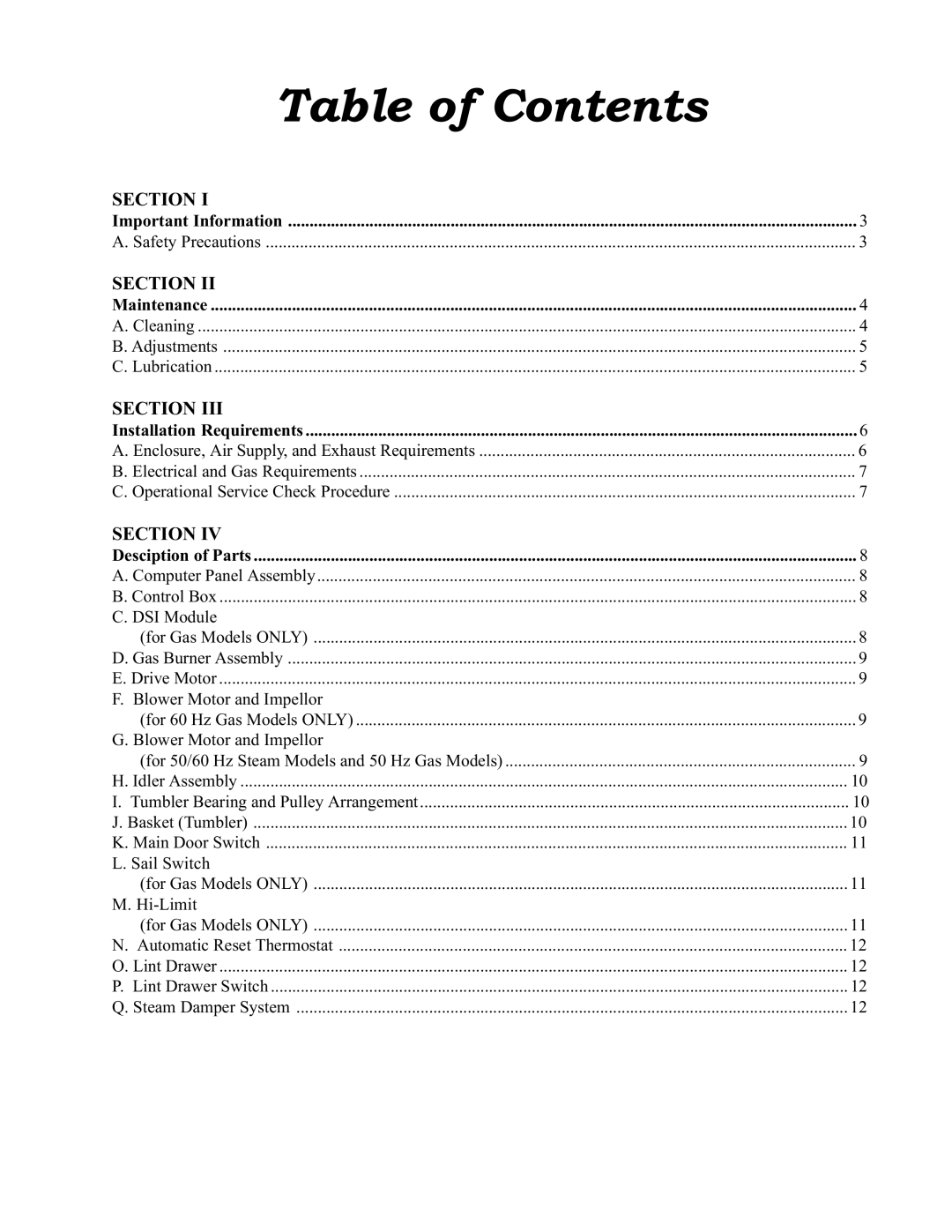 American Dryer Corp AD-170 service manual Table of Contents 