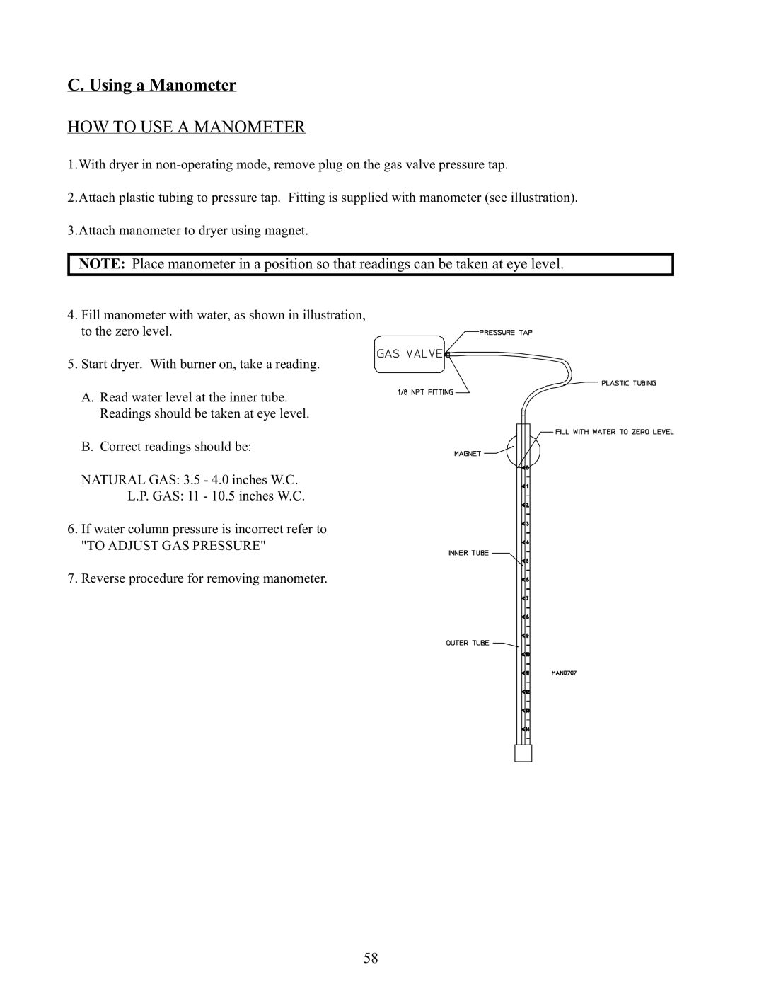 American Dryer Corp AD-170 service manual Using a Manometer, HOW to USE a Manometer 