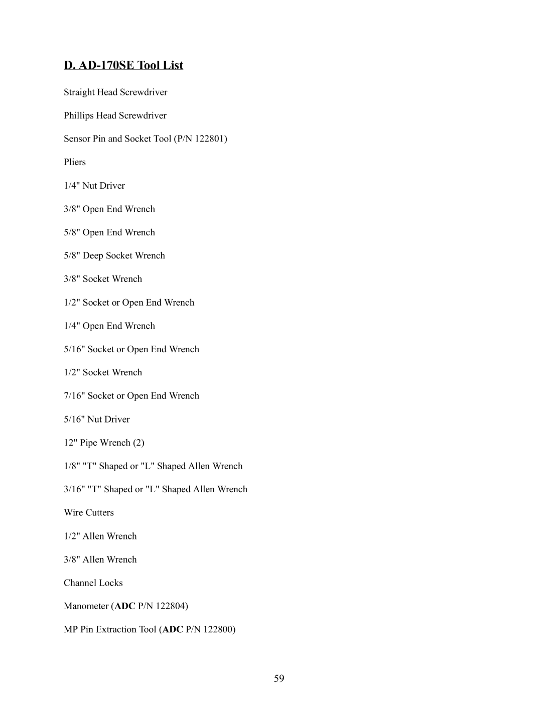 American Dryer Corp service manual AD-170SE Tool List 