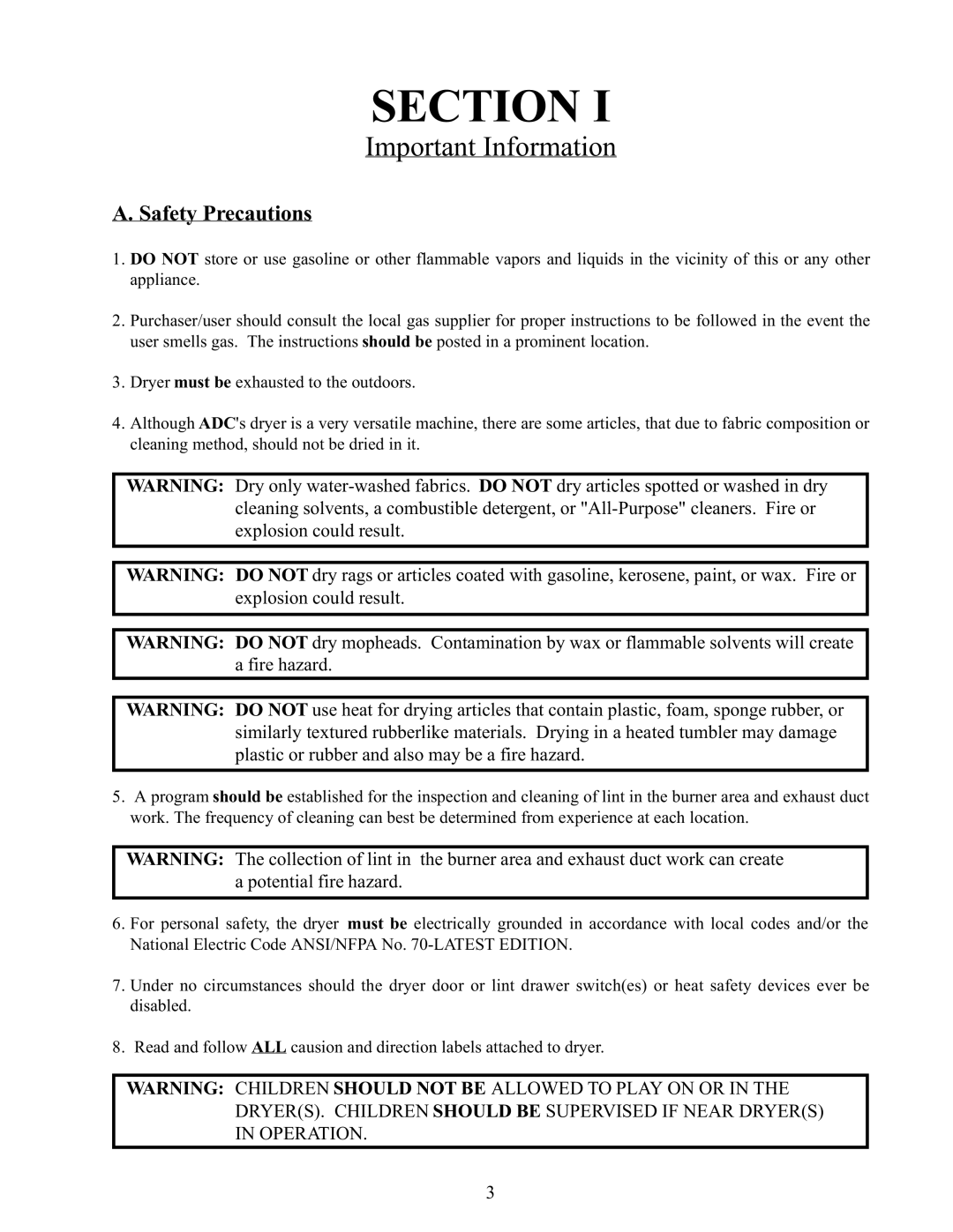 American Dryer Corp AD-170 service manual Important Information, Safety Precautions 